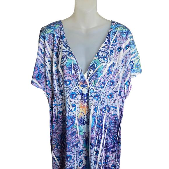 Catalina Womens Swim Cover Up Top XL Boho Peacock Print Resort Vacation Beach - Picture 2 of 9